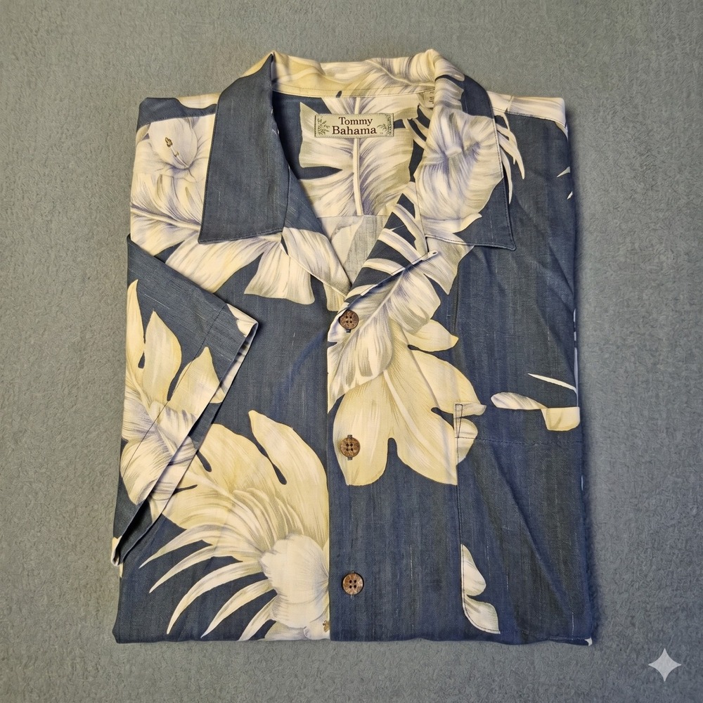 Tommy Bahama Mens Short Sleeve Silk Tropical Leaf Floral Camp Shirt Navy Blue XL - Picture 3 of 16